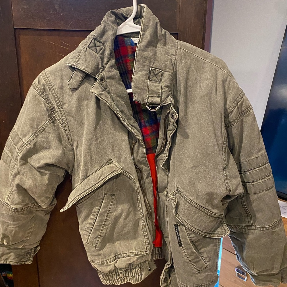 Members Only Olive Green Kids Puffer Jacket with Red Plaid Lining